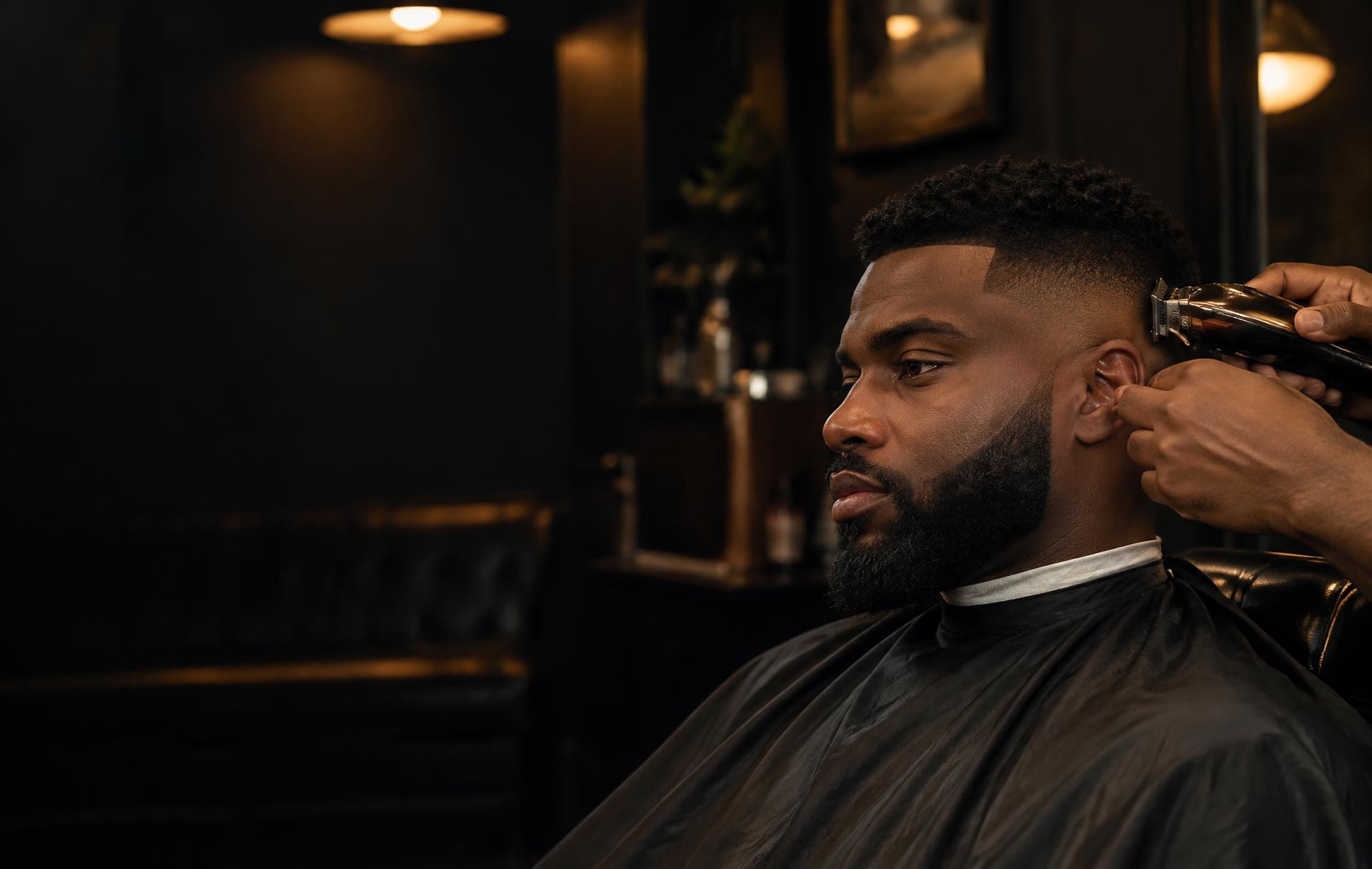 Client receiving a sharp fade haircut at Afro Barbershop & Hair Salon